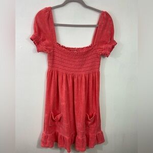 Juicy Couture Pink Terry Cloth Smock Dress XL Puff Sleeve Babydoll Ruffle